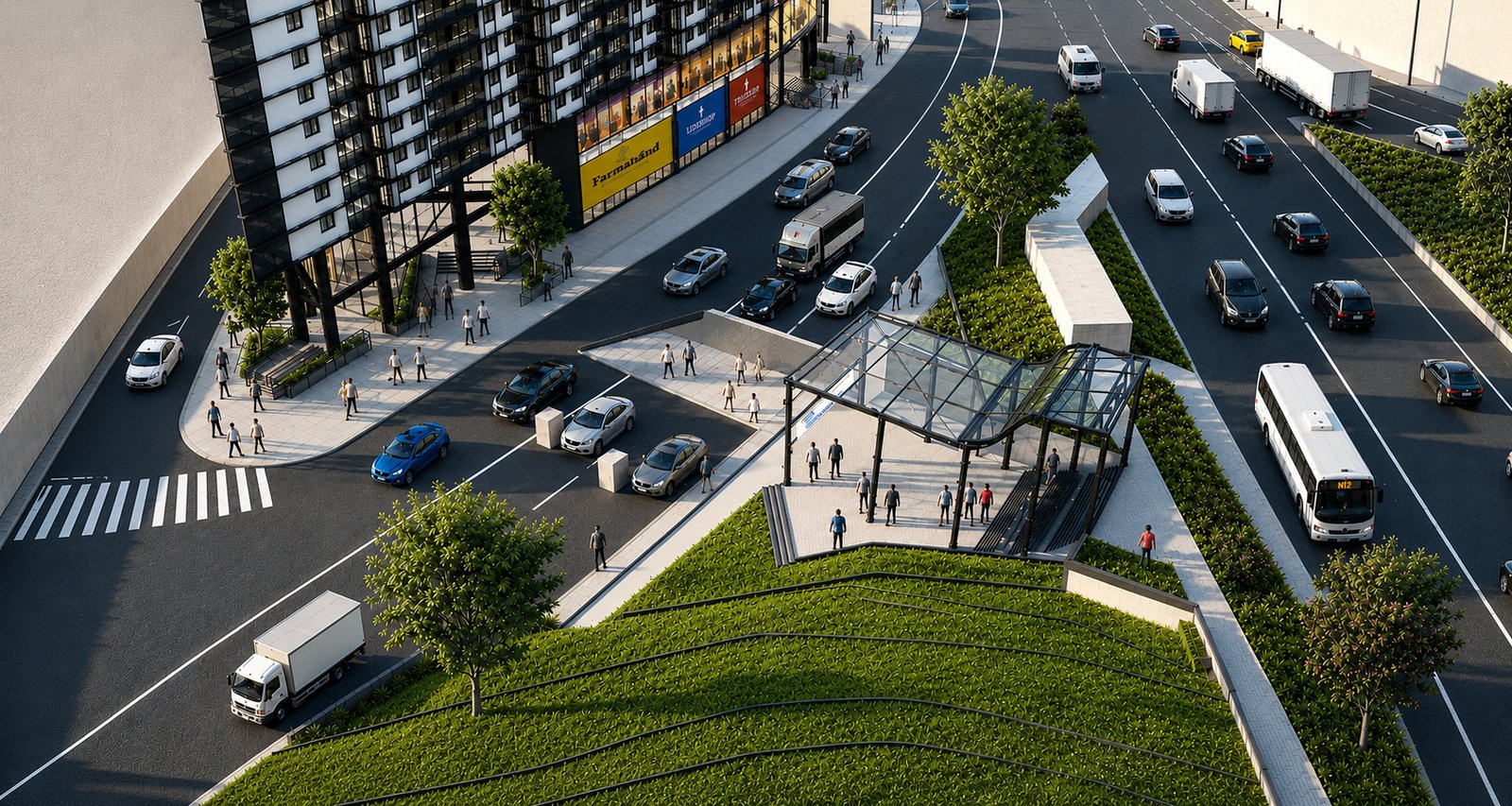 Vista aérea del acceso a la estación integrado al proyecto mixto de VallejoGroup